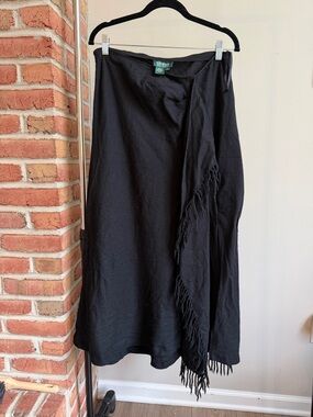 Lauren Ralph Lauren Black Fringe Maxi Wrap Skirt 100% Wool